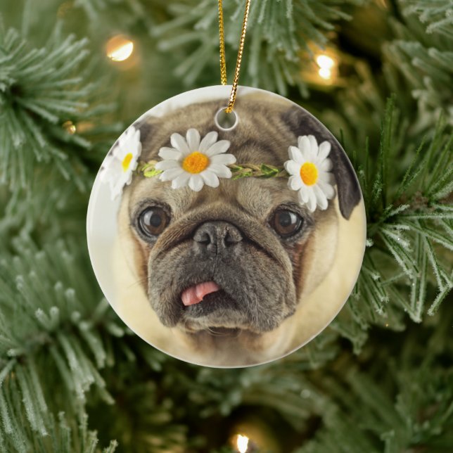 Pug with Daisy Crown Ceramic Tree Decoration (Tree)