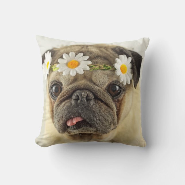 Pug with Daisy Crown Cushion (Front)