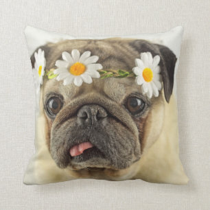 Pug with Daisy Crown Cushion