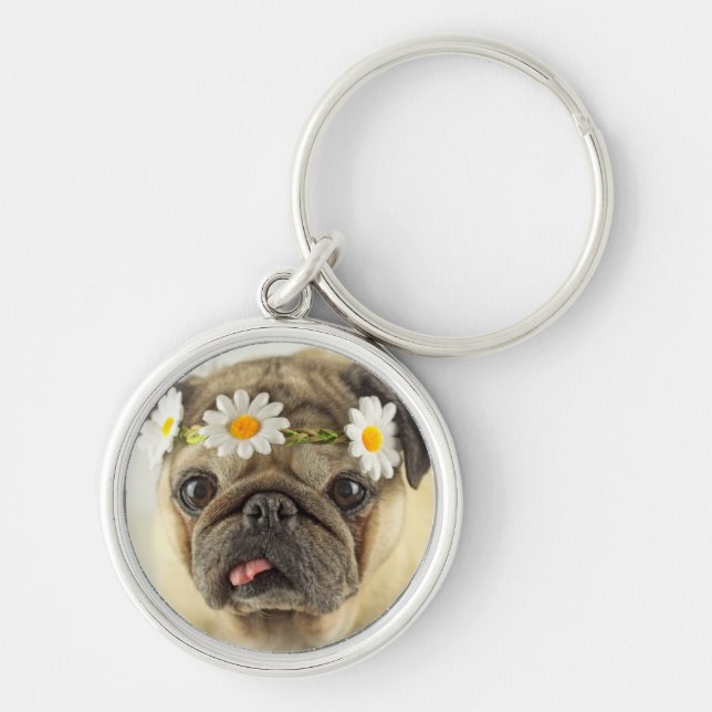 Pug with Daisy Crown Key Ring (Front)