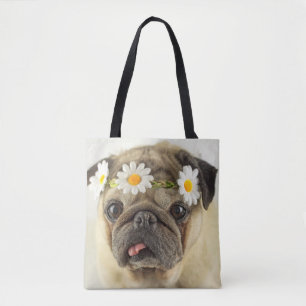 Pug with Daisy Crown Tote Bag