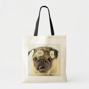 Pug with Daisy Crown Tote Bag