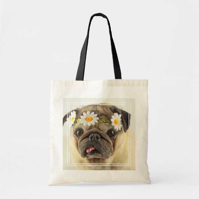 Pug with Daisy Crown Tote Bag (Front)