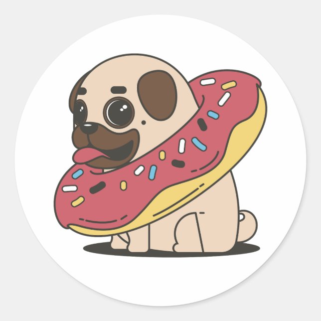 Pug with Doughnut Classic Round Sticker (Front)