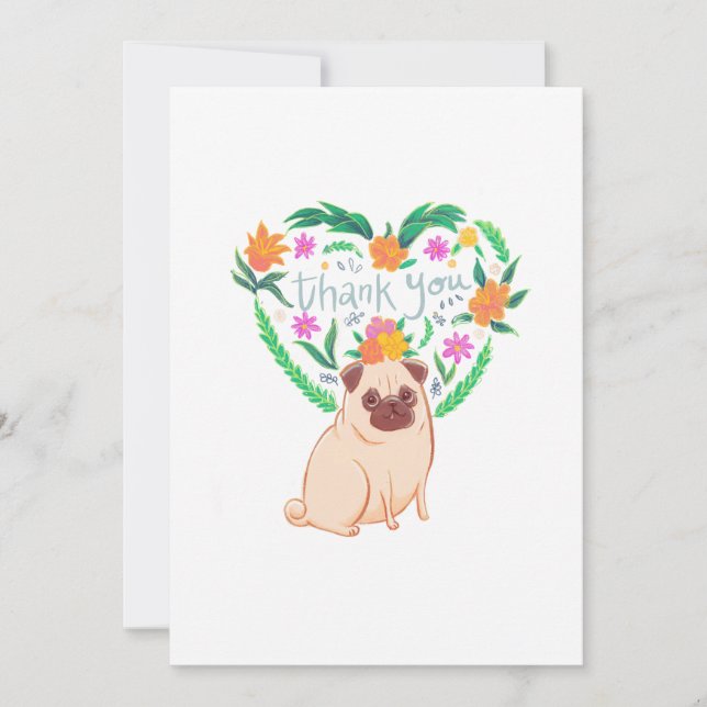 pug with Flowers in heart Thank You Card (Front)