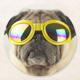 Pug with Goggles Round Paper Coaster