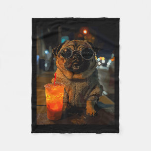 Pug with iced coffee fleece blanket