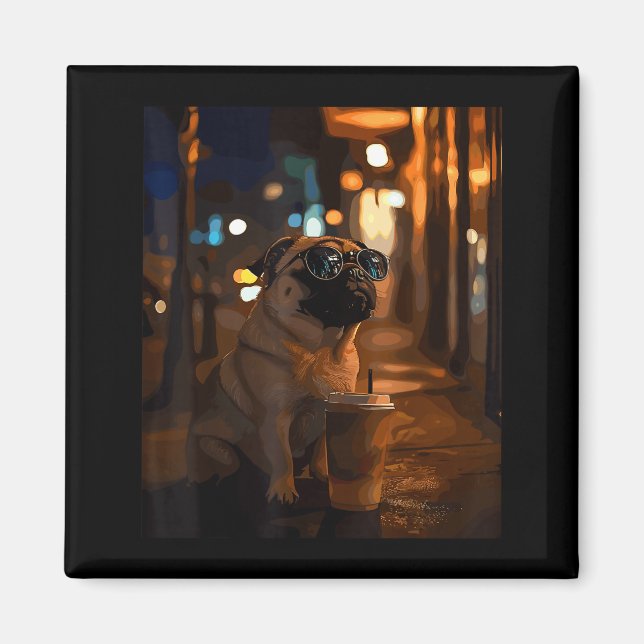 Pug with iced coffee  magnet (Front)