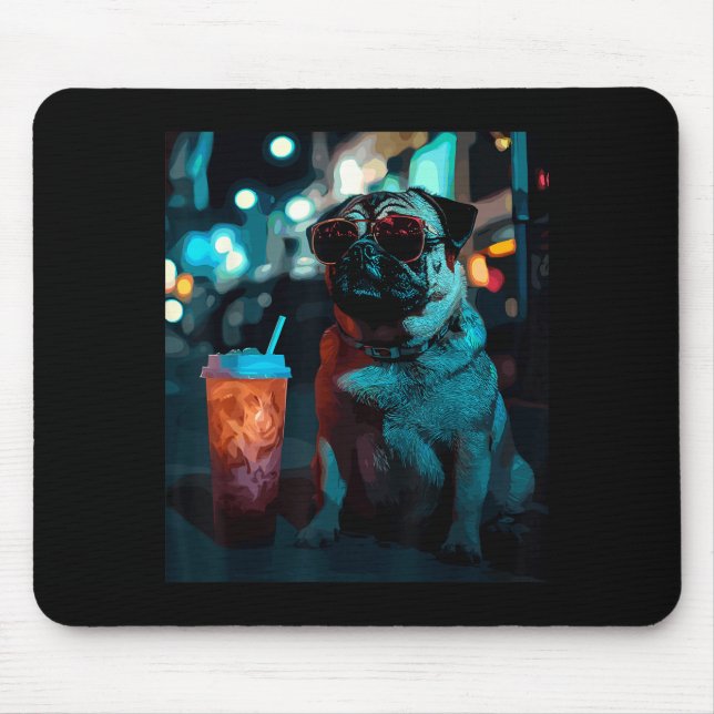 Pug with iced coffee  mouse pad (Front)