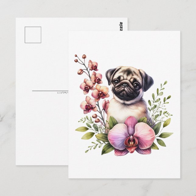 Pug with Orchid Branch, Postcrossing Postcard (Front/Back)