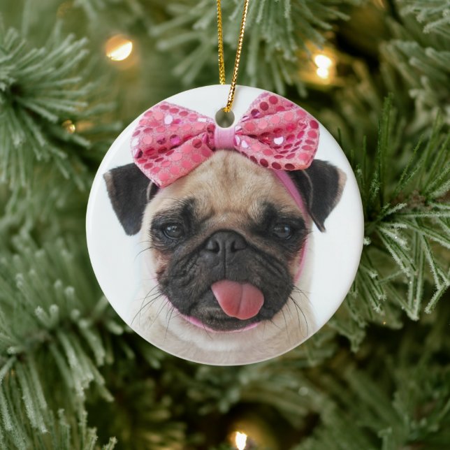 Pug with Pink Bow Ceramic Tree Decoration (Tree)