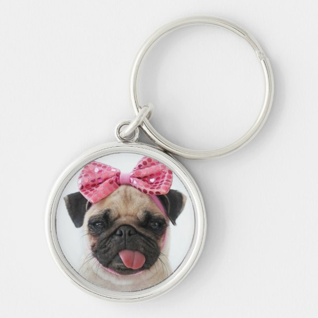 Pug with Pink Bow Key Ring (Front)