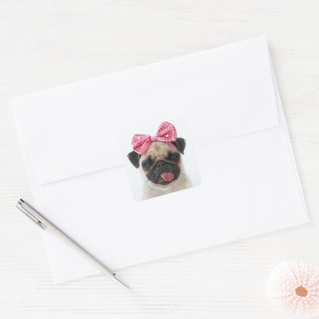 Pug with Pink Bow Square Sticker (Envelope)