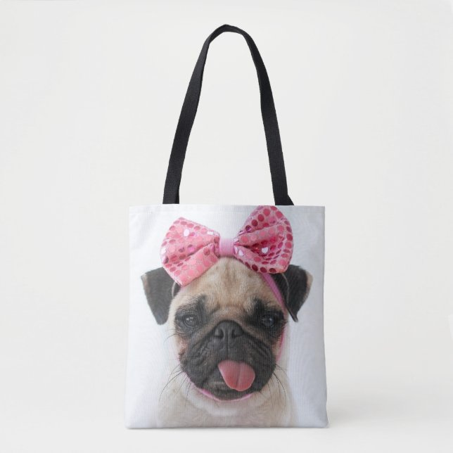 Pug with Pink Bow Tote Bag (Front)