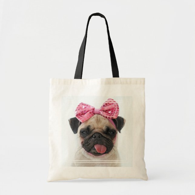 Pug with Pink Bow Tote Bag (Front)