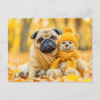 Pug with Plush Toy in Autumn Forest
