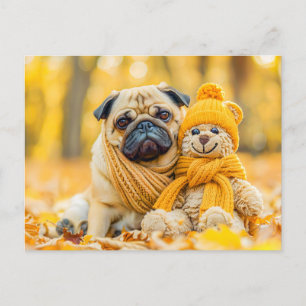 Pug with Plush Toy in Autumn Forest Postcard