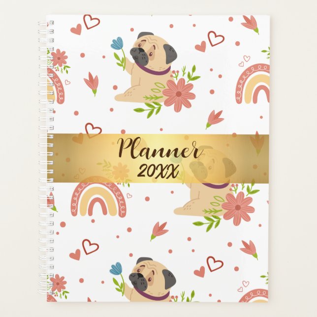 Pug with Rainbow Personalised Planner (Front)