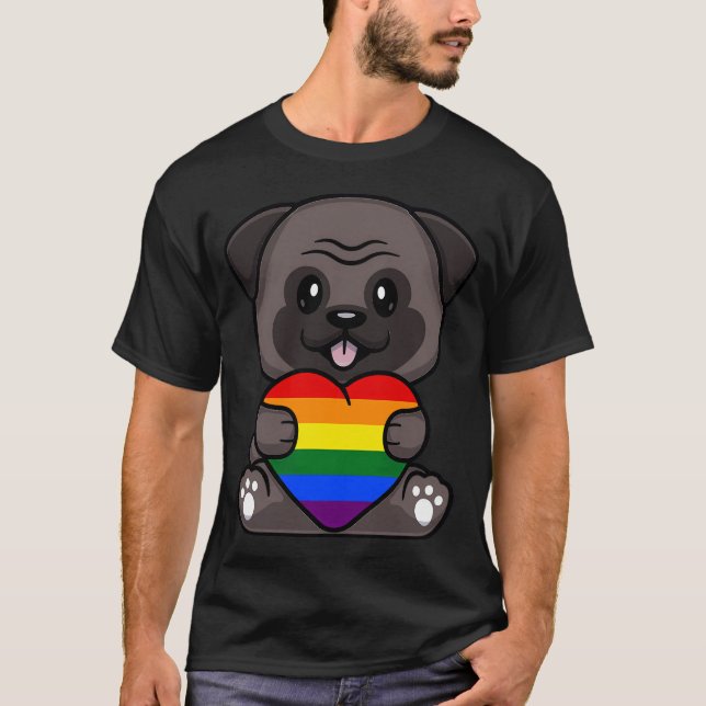 Pug with Rainbow Pride Flag Heart T-Shirt (Front)