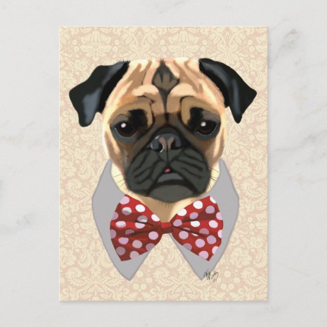 Pug with Red and White Spotty Bow Tie Postcard (Front)
