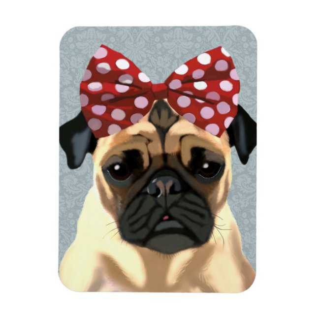 Pug with Red Spotty Bow On Head 2 Magnet (Vertical)