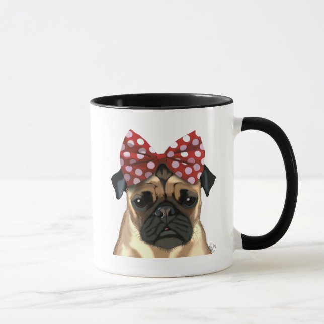 Pug with Red Spotty Bow On Head Mug (Right)