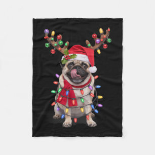 Pug With Reindeer Antlers Wrapped In Christmas Lig Fleece Blanket