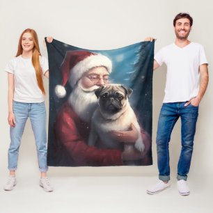 Pug With Santa Claus Festive Christmas Fleece Blanket