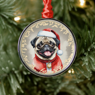 Pug With Santa Claus Outfit - Christmas 1 Metal Tree Decoration