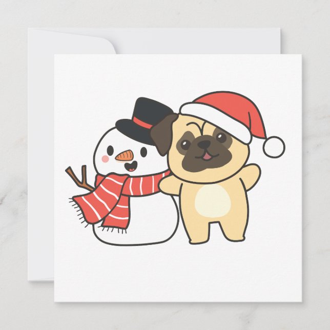 Pug With Snowman In Winter For Christmas Holiday C Card (Front)