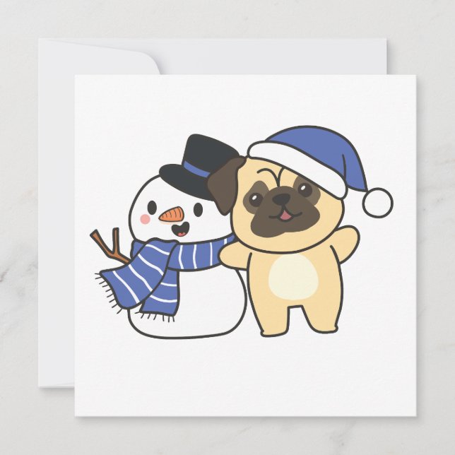 Pug With Snowman In Winter For Christmas Holiday Card (Front)