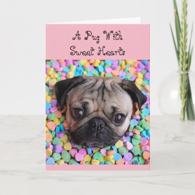 Pug with Sweet Hearts Holiday Card (Front)