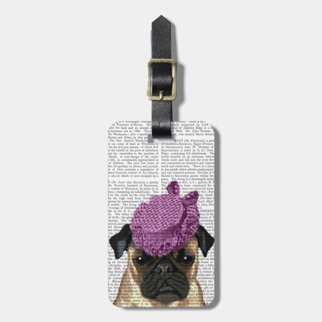 Pug with Vintage Purple Hat Luggage Tag (Front Vertical)