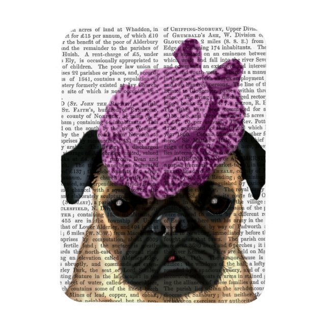 Pug with Vintage Purple Hat Magnet (Vertical)