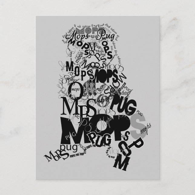 Pug wordart made silhouette modern retro postcard (Front)