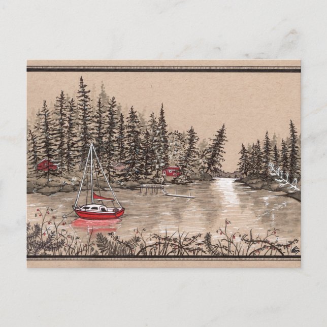 Puget Sound Red Sailboat, off the Key Peninsula Postcard (Front)