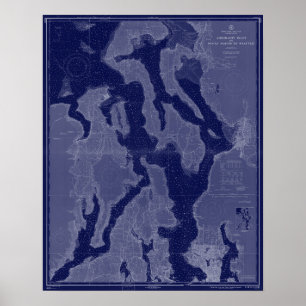 Puget Sound Seattle WA Map Nautical Chart Blue Art