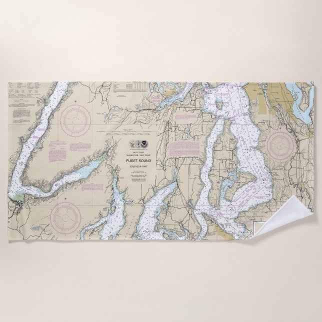 Puget Sound Southern Part Nautical Chart 18448 Beach Towel (Front)