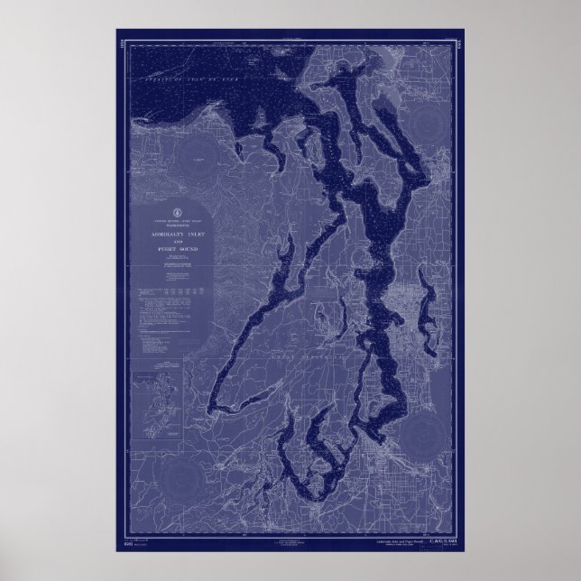 Puget Sound Vintage Map Nautical Chart Blue Art (Front)