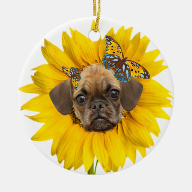 Puggle Angel Daisies Ceramic Tree Decoration (Front)