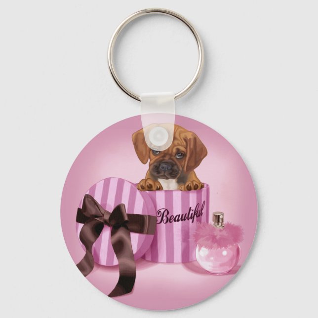 Puggle in Stripy Round Box Key Ring (Front)