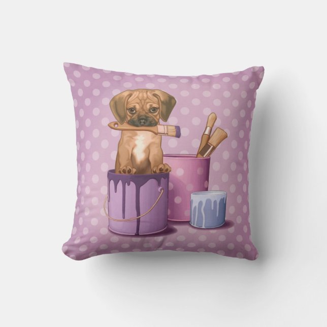 Puggle puppy in painting pot cushion (Front)