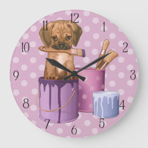 Puggle puppy in painting pot large clock