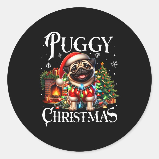 Puggy Christmas Pug Xmas Pug Santa Claus Pug  Classic Round Sticker (Front)