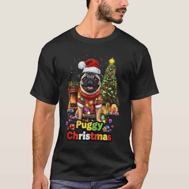 Puggy Christmas Pug Xmas Pug Santa Claus Pug Lover T-Shirt (Front)