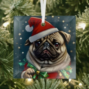 Puggy Claus Collection Glass Tree Decoration