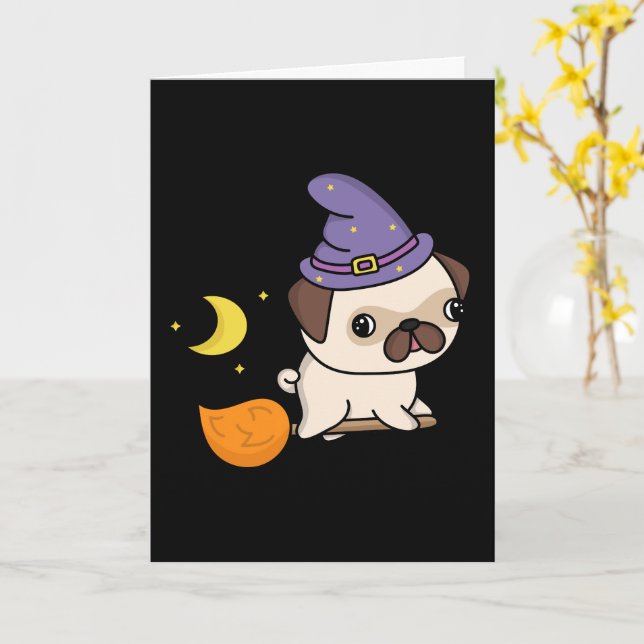 Puggy Witch Greeting Card (Blank) (Yellow Flower)