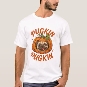 Pugkin Pug Dog Pumpkin Winking Tongue Leaves T-Shirt