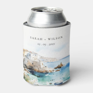 Puglia, Italy Watercolor Landscape Wedding Can Cooler