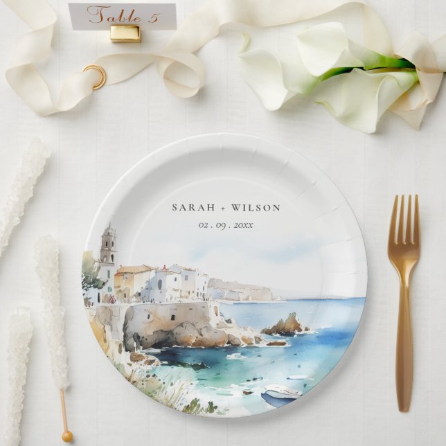 Puglia, Italy Watercolor Landscape Wedding Paper Plate (Wedding)